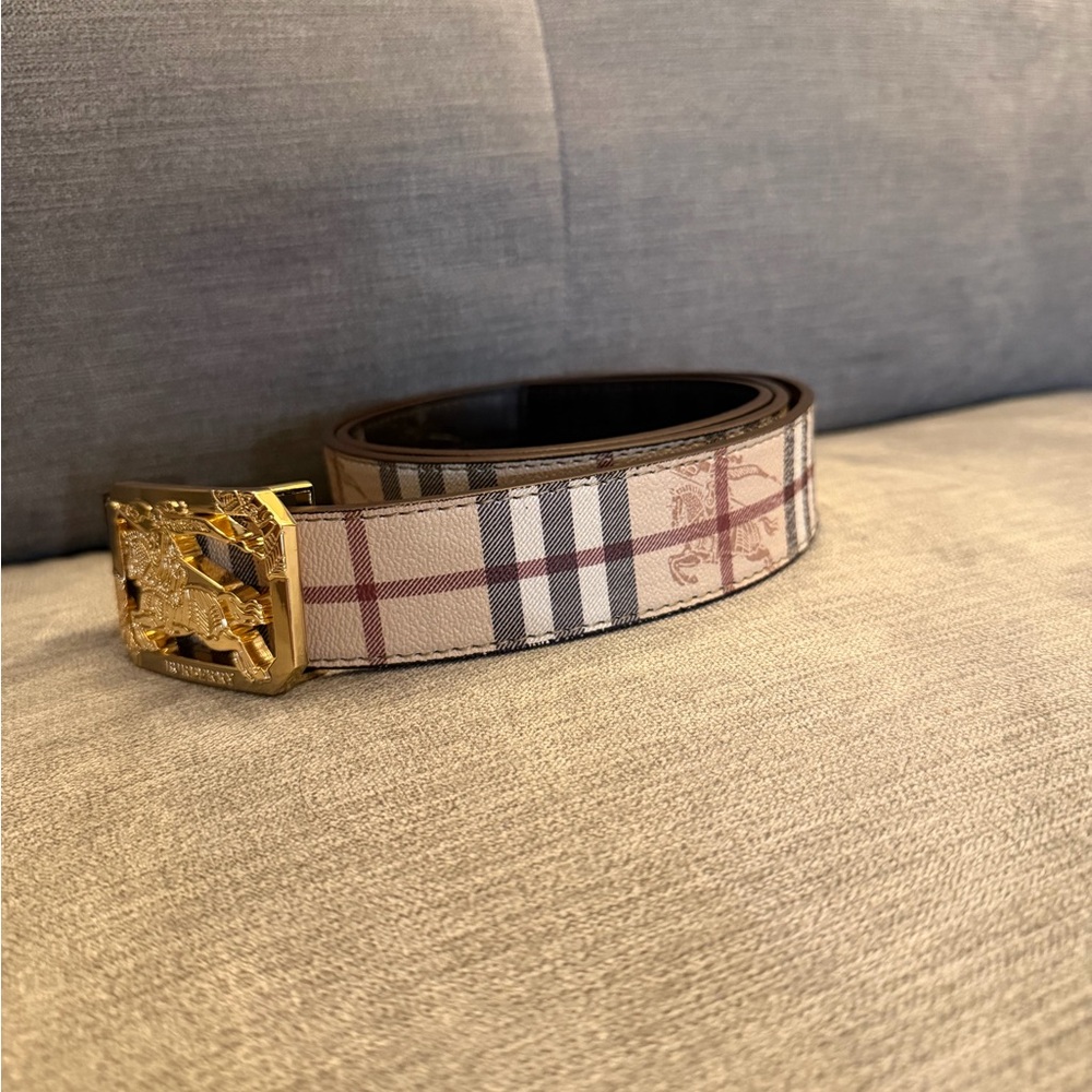Burberry Brown / Beige Belt with Gold Buckle Men - Picture 3 of 5